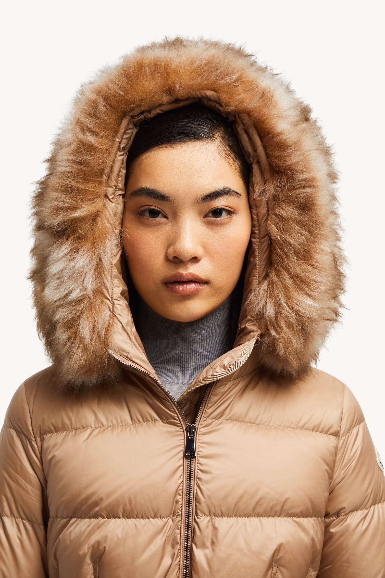 Boedic Hooded Shearling-Trimmed Long Down Jacket Women Camel Beige Moncler 4